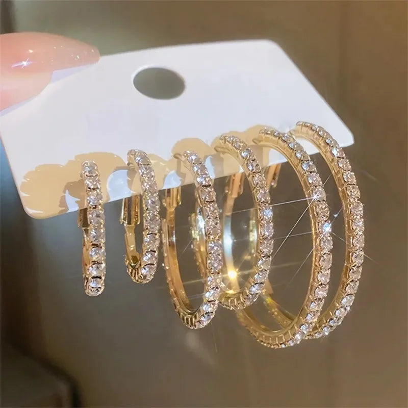 Juego de 1-3 pares de pendientes de aro circulares con diamantes de imitación exagerados y brillantes para mujer, joyería Simple y brillante