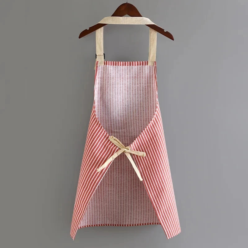 Delantal de lino a rayas para el hogar, sin mangas, cuello colgante, elasticidad ajustable, cocina, jardinería, delantal de estilo japonés nuevo