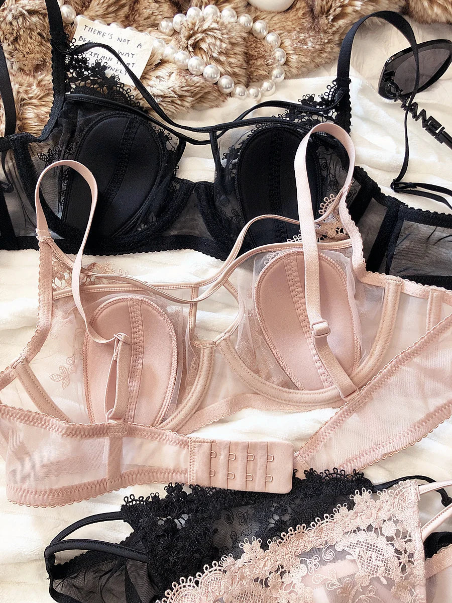 Ropa interior Sexy hueca para mujer, Conjunto de sujetador de realce con copa ultrafina francesa, bordado Floral de encaje, bragas con correa ajustable