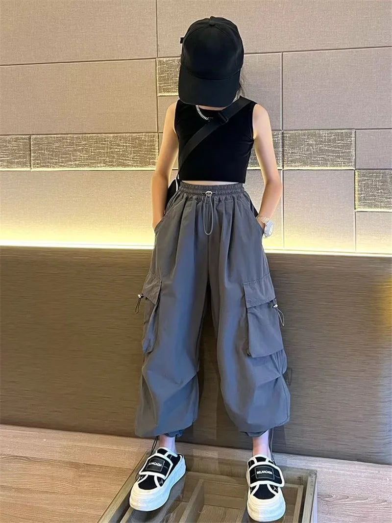 Pantalones Jogger Holgados para Niñas, Pantalones Cargo Casuales Rectos para Adolescentes, Pantalones de Moda para Niños con Bolsillos, Ropa Urbana para Niños Grandes de 5 a 14 Años