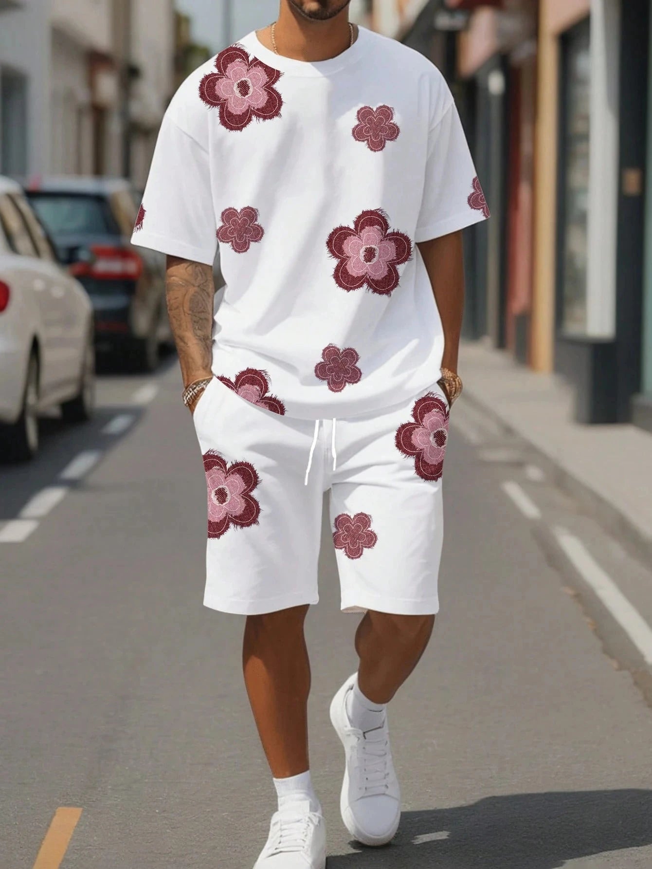 Conjunto de camiseta y pantalones cortos con estampado gráfico de flores en blanco y negro para hombre, conjunto de 2 piezas con cuello redondo, Top de manga corta, pantalones cortos con cintura elástica