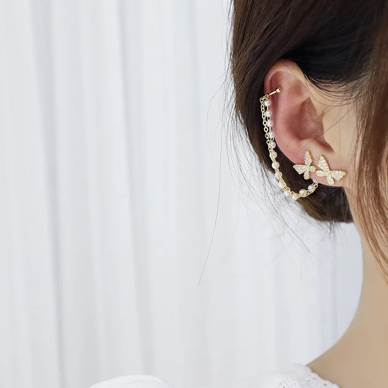 Pendientes de tuerca de mariposa con diamantes de imitación para mujer y niña, joyería de cadena de Metal, regalos