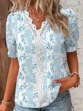 2024 moda Casual camisa de vacaciones mujer verano cuello pico ahueca hacia fuera blusa de Color sólido mujer elegante rayas Jacquard Casual Tops