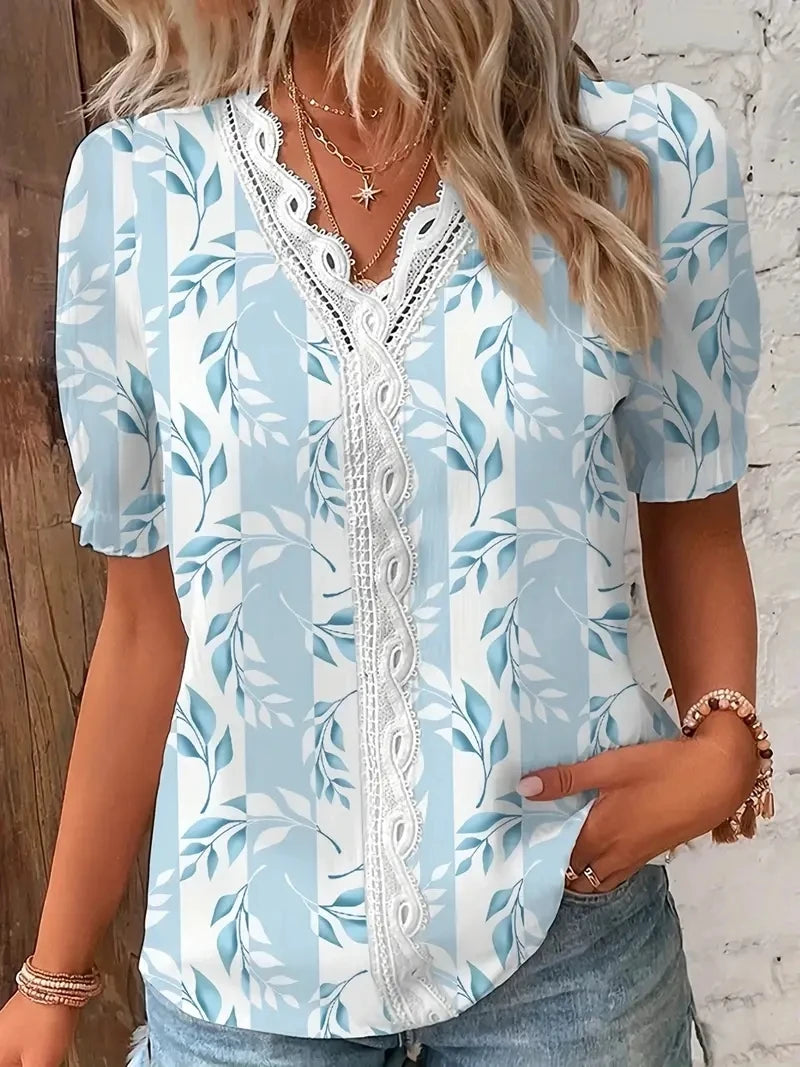 2024 moda Casual camisa de vacaciones mujer verano cuello pico ahueca hacia fuera blusa de Color sólido mujer elegante rayas Jacquard Casual Tops