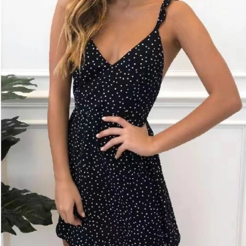 Camisola vestido sin mangas con cuello en V para mujer, minivestido Sexy con tirantes, ajustado, con cordones y lunares, informal, espalda descubierta