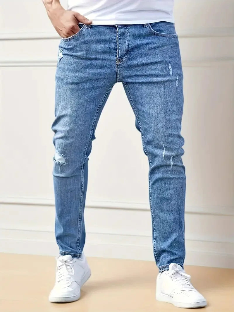 Nuevos pantalones vaqueros para hombre, pantalones elásticos ajustados, ropa de calle, pantalones vaqueros clásicos con bigotes de gato rasgados, pantalones vaqueros informales con cremallera ajustada, ropa vaquera negra bl