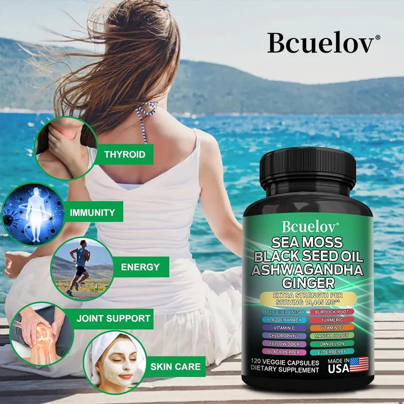 Musgo marino, aceite de semillas negras, ashwagandha, jengibre - Fortalece el sistema inmunitario, promueve la digestión y la salud de las articulaciones, 120 cápsulas