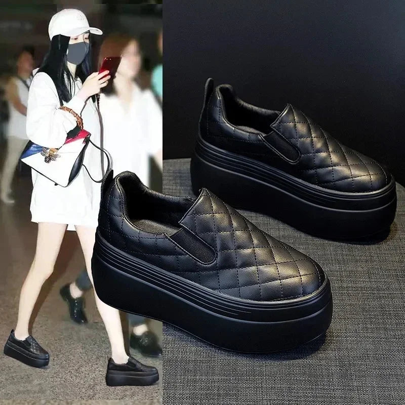 2025 zapatos de cuña de plataforma primavera otoño cabeza redonda Color sólido zapatillas gruesas Casual Slip on mocasines femeninos