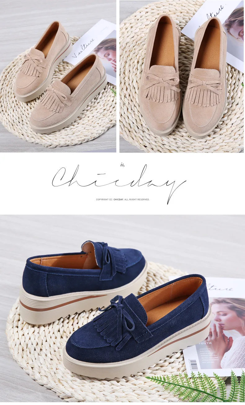 WOIZGIC, zapatos de piel de ante vacuno para mujer, zapatos planos con plataforma y flecos antideslizantes para otoño, zapatos vulcanizados Nowknot