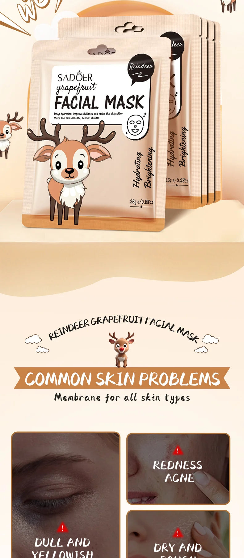 5 uds SADOER dibujos animados frutas frescas máscaras faciales hidratante calmante iluminador mascarilla Facial hidratante para el cuidado de la piel Facial