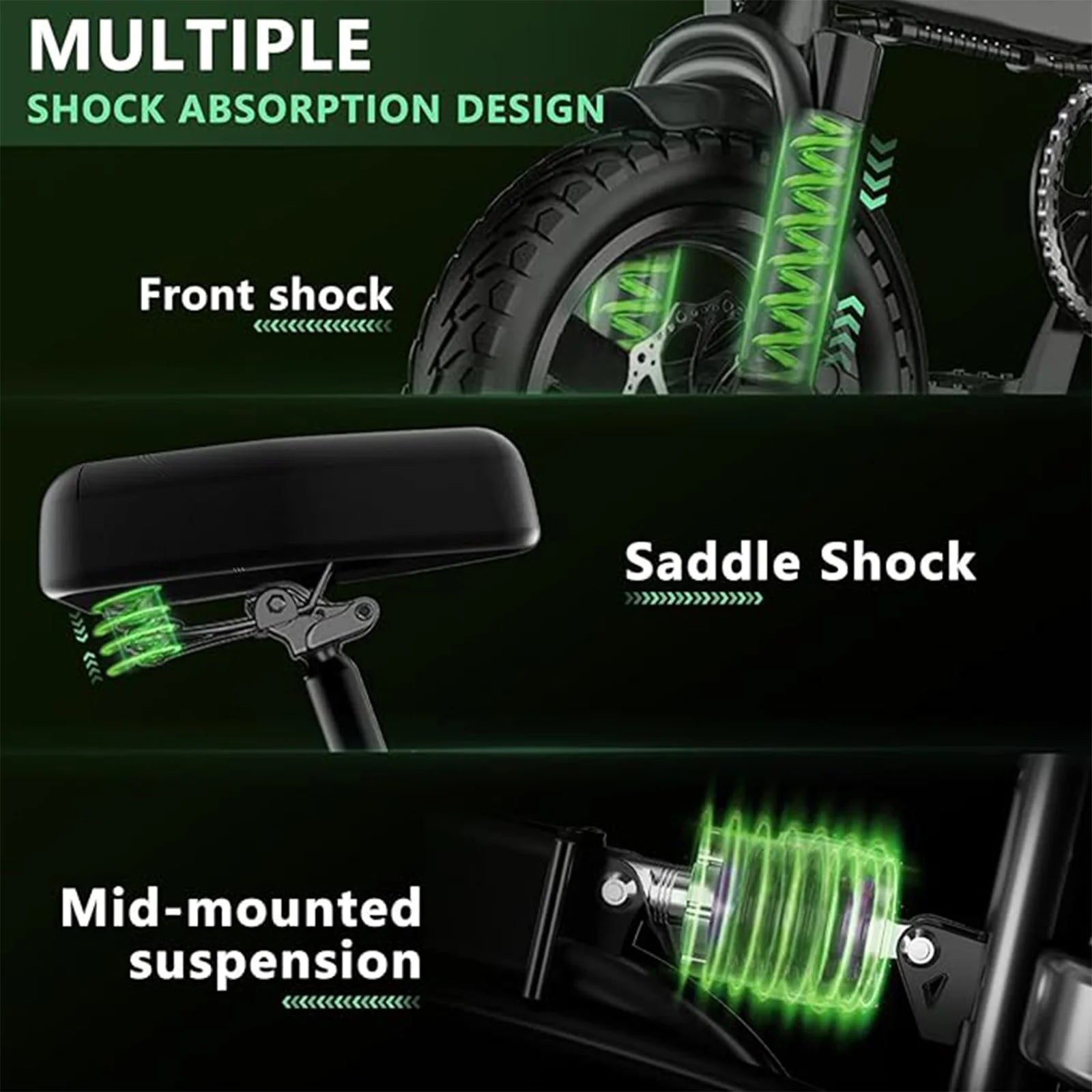 Bicicletas eléctricas para adultos de 560W, 24MPH, batería extraíble de 48V10.4AH, bicicleta eléctrica plegable de 14 pulgadas, bicicleta eléctrica con absorción de impactos múltiple