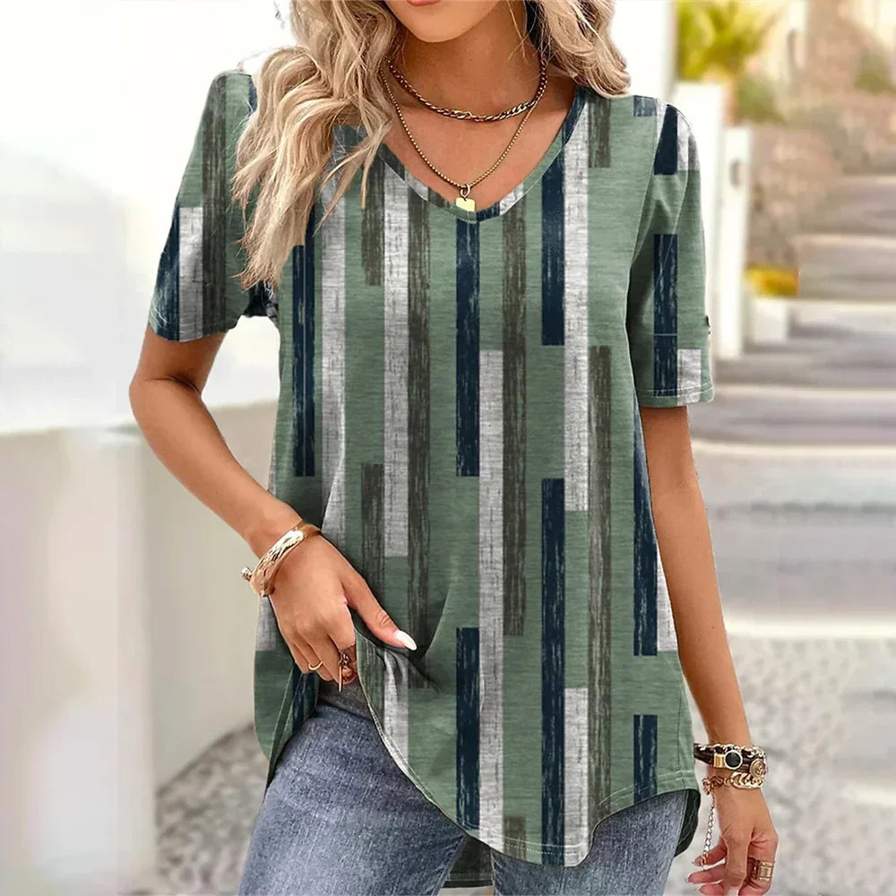 Camiseta con cuello en V para mujer, camiseta de manga corta con estampado 3D, camiseta informal holgada en blanco y negro, ropa de calle a la moda, jersey para mujer
