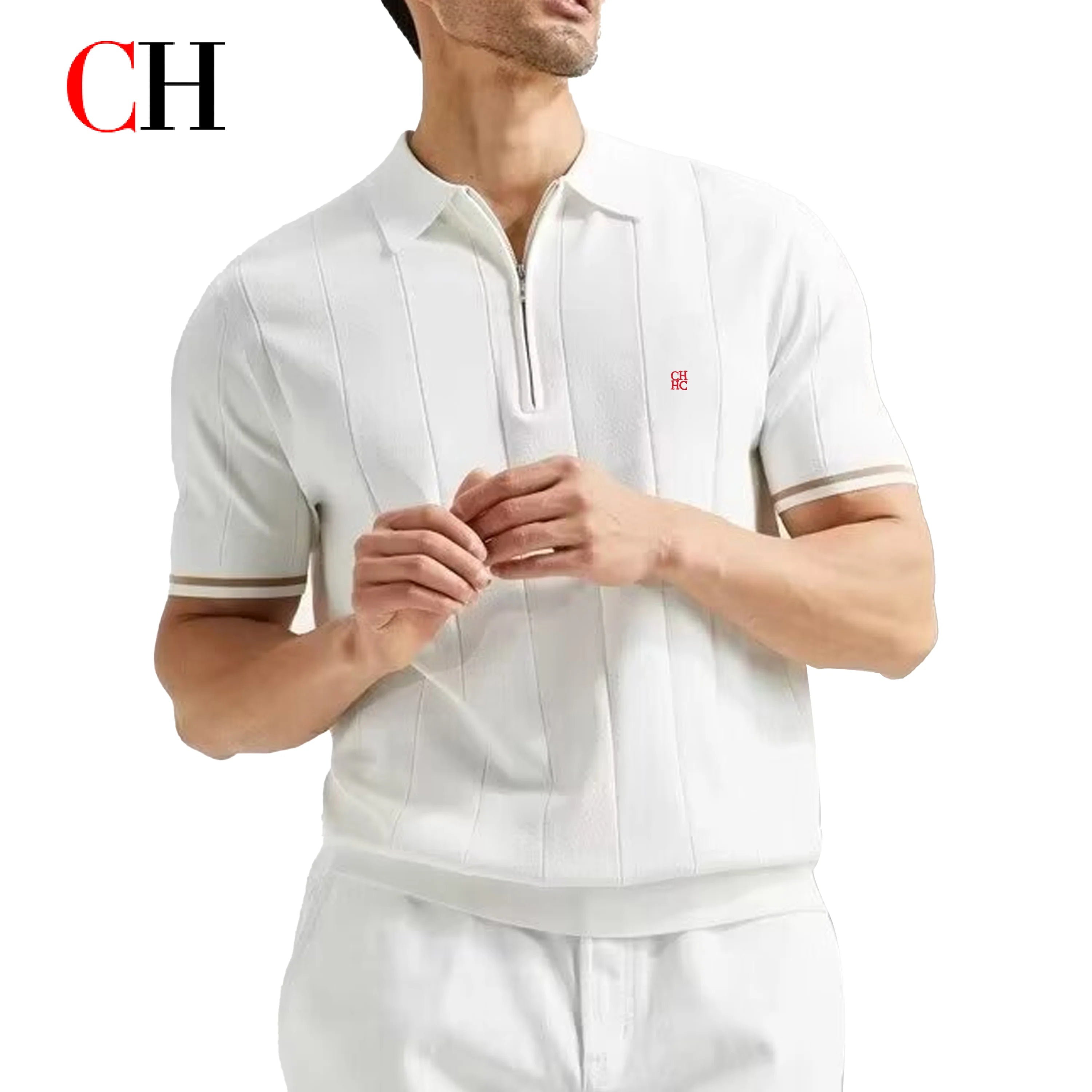 Camiseta Polo de Punto para Hombre CH, con Media Cremallera, Cuello Solapa, Manga Corta, Color Sólido, Casual, de Negocios, Transpirable, para Verano