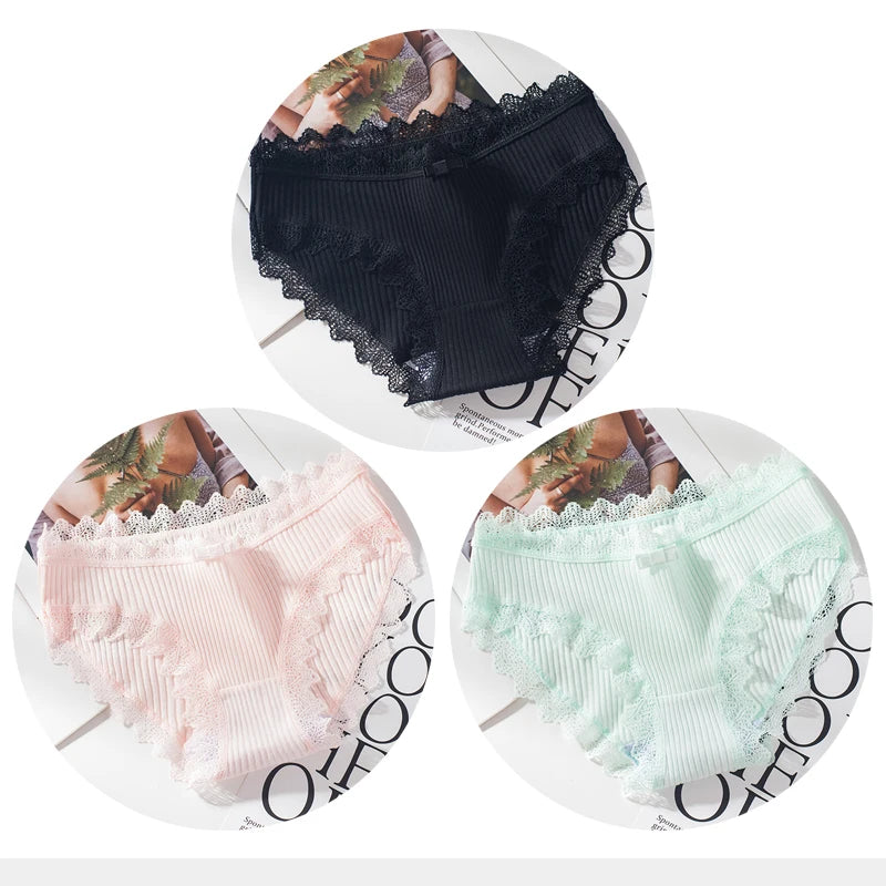 Bragas de algodón para mujer, bragas de encaje sexis, bragas de Color sólido para niñas, juego de ropa interior, ropa interior, Dropshipping 3 unids/lote