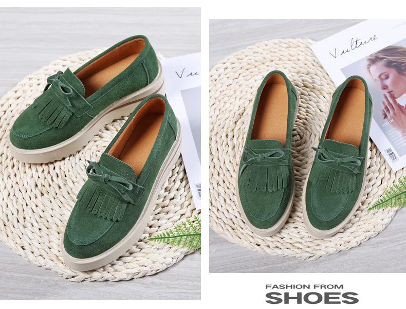 WOIZGIC, zapatos de piel de ante vacuno para mujer, zapatos planos con plataforma y flecos antideslizantes para otoño, zapatos vulcanizados Nowknot