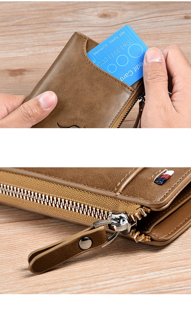 Cartera para hombre, tarjetero de cuero, monedero con cremallera, carteras de lujo para hombre, monederos con protección RFID, cartera Masculina de lujo