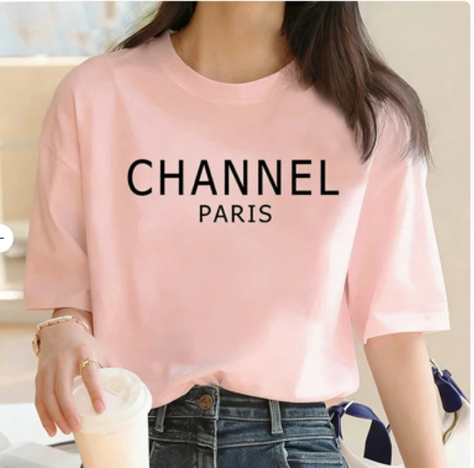 Camiseta de Marca de Lujo, Lavable a Máquina, Informal, Elegante, con Estampado Gráfico de CHANNEL, Cuello Redondo, Manga Corta, Ropa de Mujer