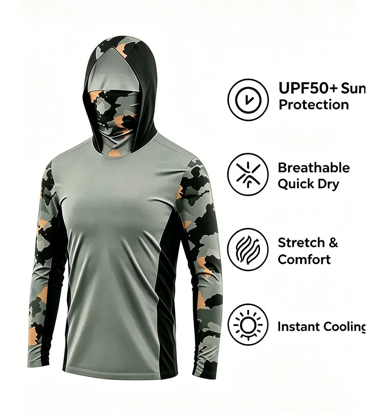 Camisetas de Pesca de Manga Larga con Capucha UPF 50+, Camisetas con Protección Solar, Jersey con Máscara Facial para Hombre, Ropa de Pesca