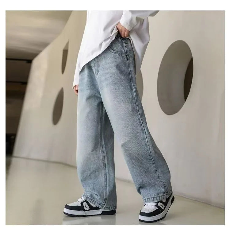 Pantalones vaqueros cálidos de invierno para niños, nuevo estilo, pantalones vaqueros holgados de pierna recta de marca a la moda para adolescentes y niños, pantalones sueltos para niños