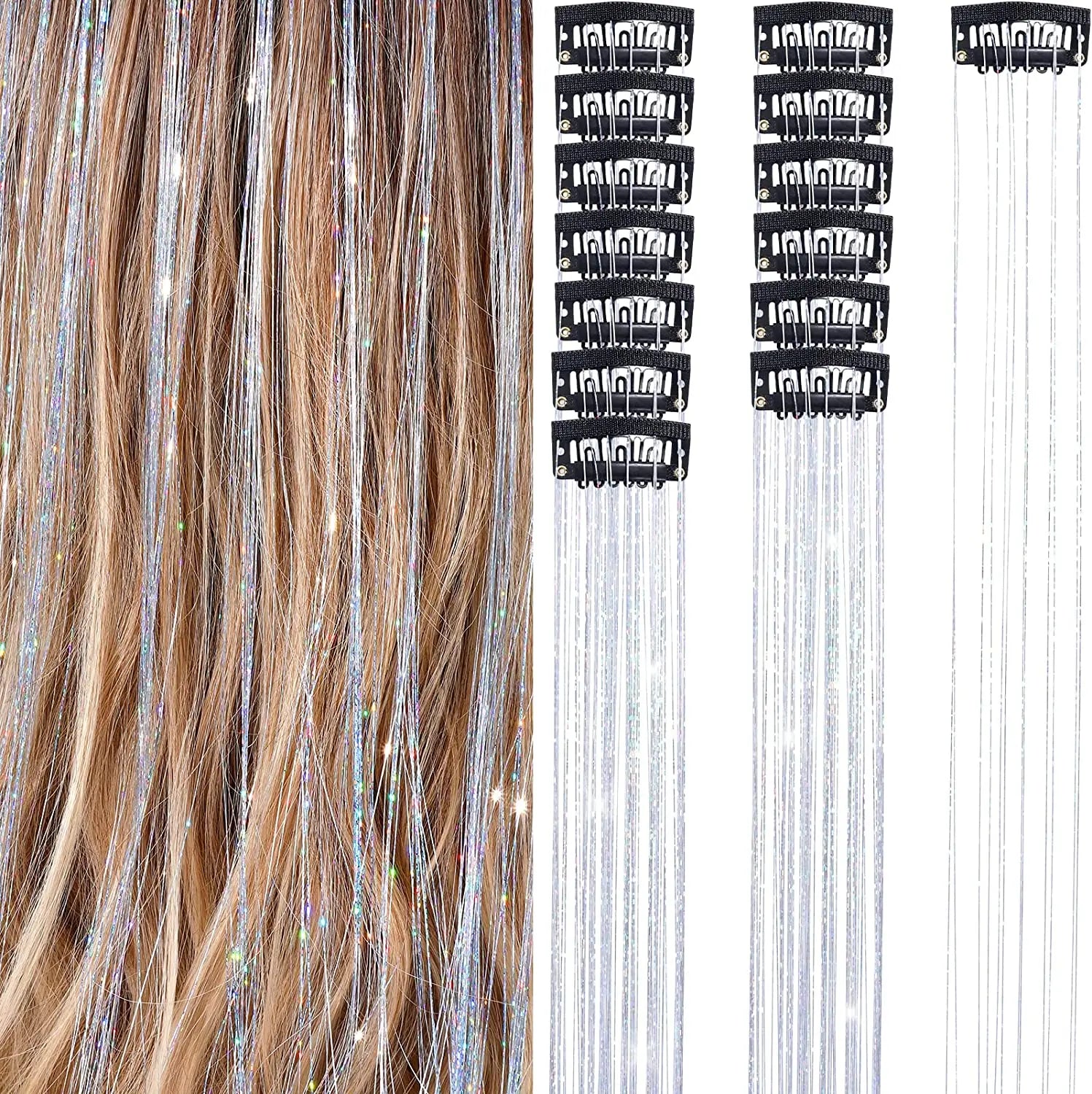 6 uds 50cm chispeantes pelo brillante oropel extensiones de cabello oropel extensiones de Clip de pelo sintético mujeres para tocado trenzado