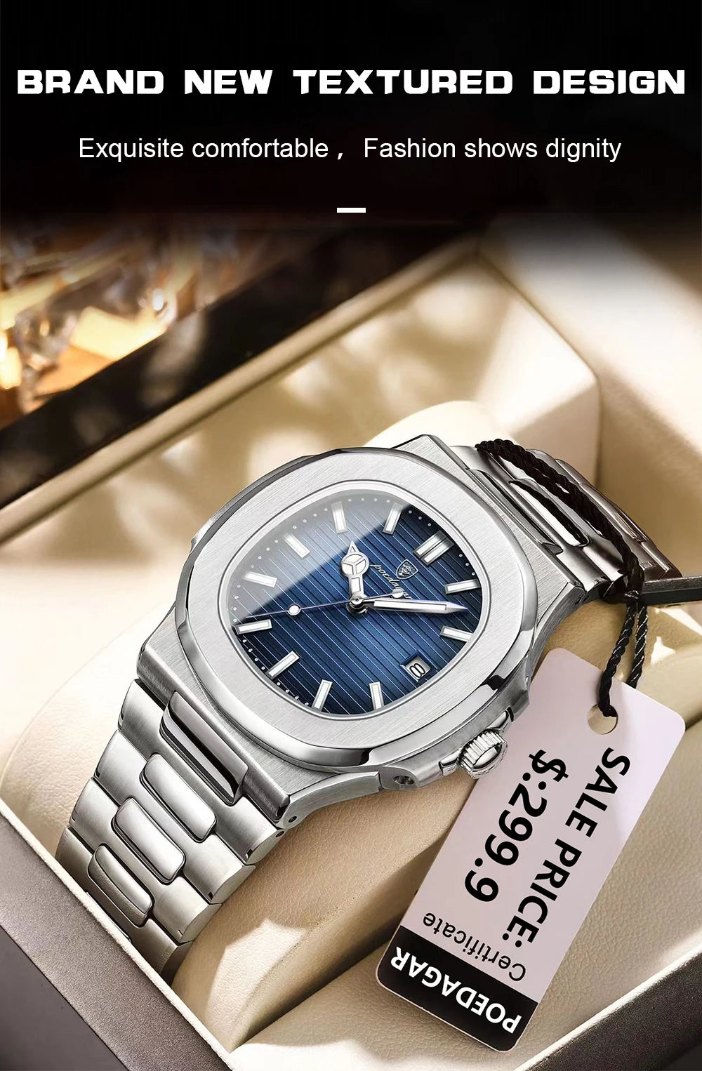 Reloj de pulsera cuadrado de lujo POEDAGAR para hombre, resistente al agua, luminoso, con fecha, de acero inoxidable, deportivo, de cuarzo, para hombre.