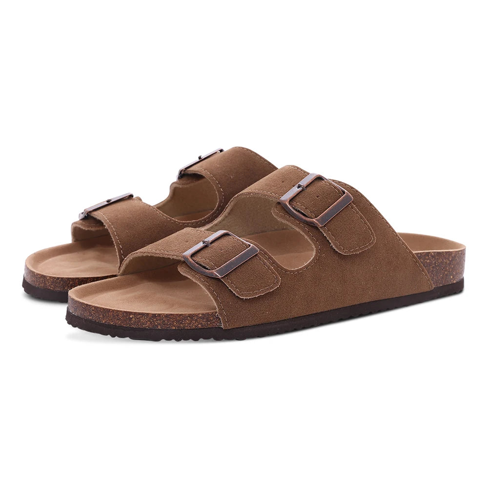 Comwarm Zapatillas tipo zuecos de ante para mujer, mulas de cuero, zapatillas planas clásicas de corcho para hombre, sandalias con reposapiés de corcho para exteriores con soporte para arco