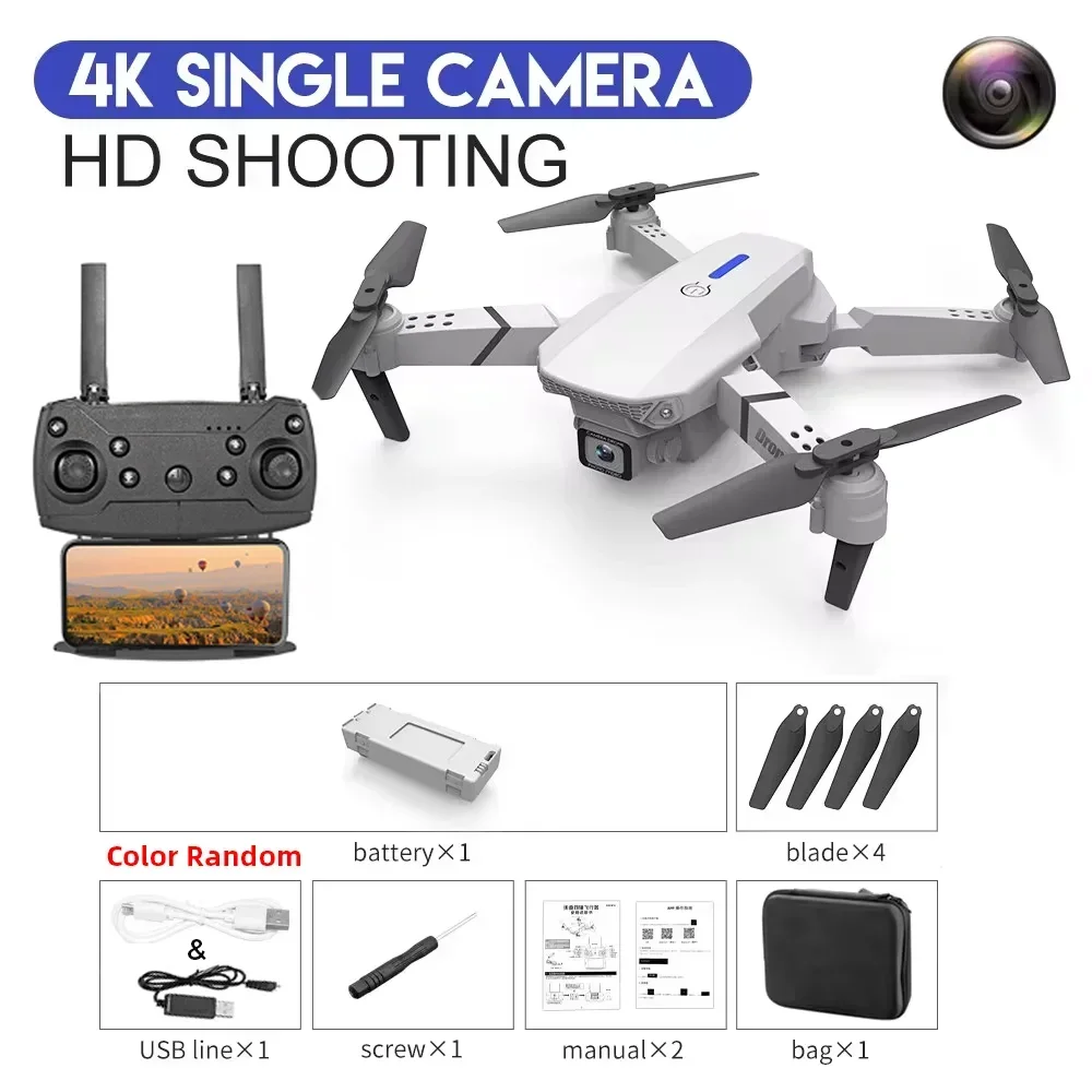 Dron plegable inteligente E88 Pro, compatible con conmutación de cámara simple/doble, calidad de imagen de 4K + disparo gran angular, WiFiDirect Real-Tim