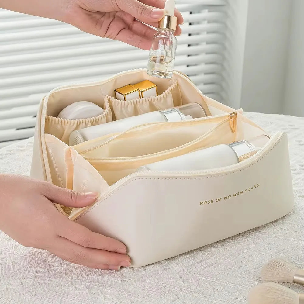 Bolsa de cosméticos de viaje grande para mujer, organizador de maquillaje de cuero, neceser femenino, estuche de maquillaje, bolsa de almacenamiento, caja de lujo para mujer