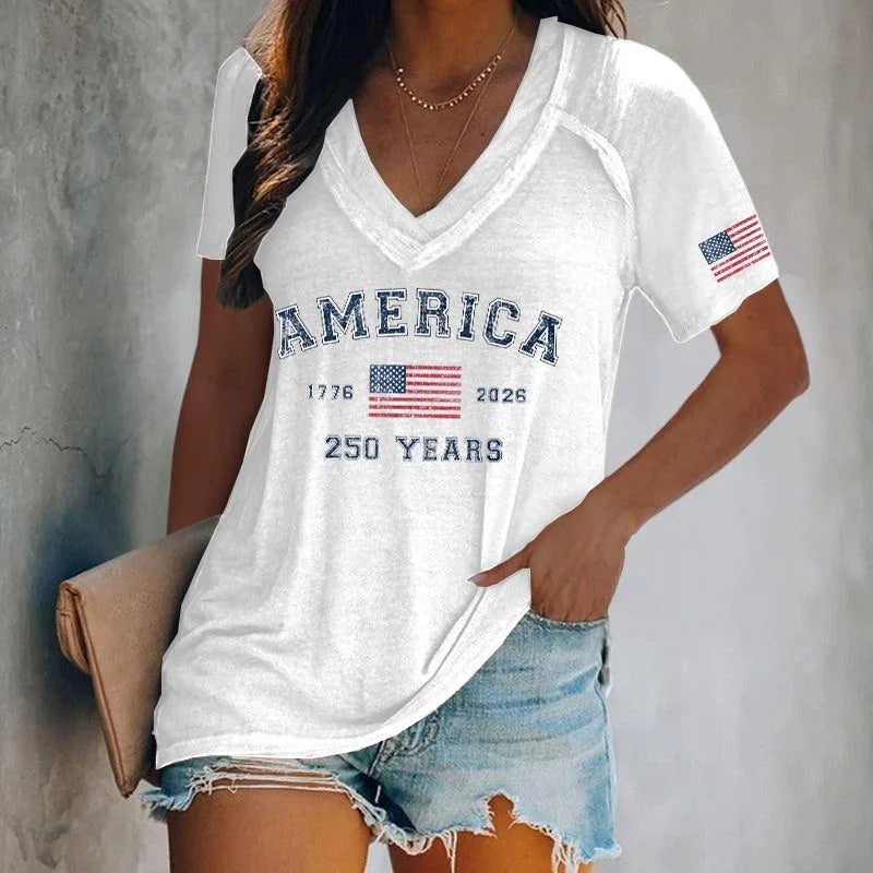 Camisetas con Estampado America 250 para Mujer, Camisetas Casuales Holgadas de Manga Corta con Cuello en V, Camisetas de Verano, Nueva Llegada 2026