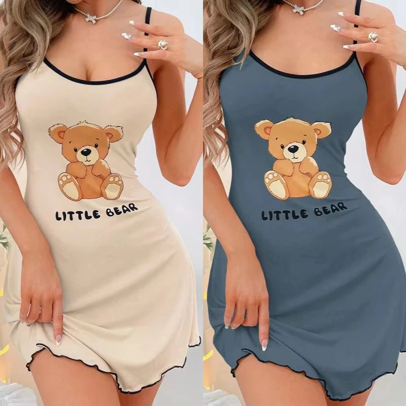 Camisón camisola con estampado de osito bonito para mujer, vestido para dormir con tirantes finos, Mini dobladillo de lechuga, ropa de descanso con ribete en contraste, estilo Y2K