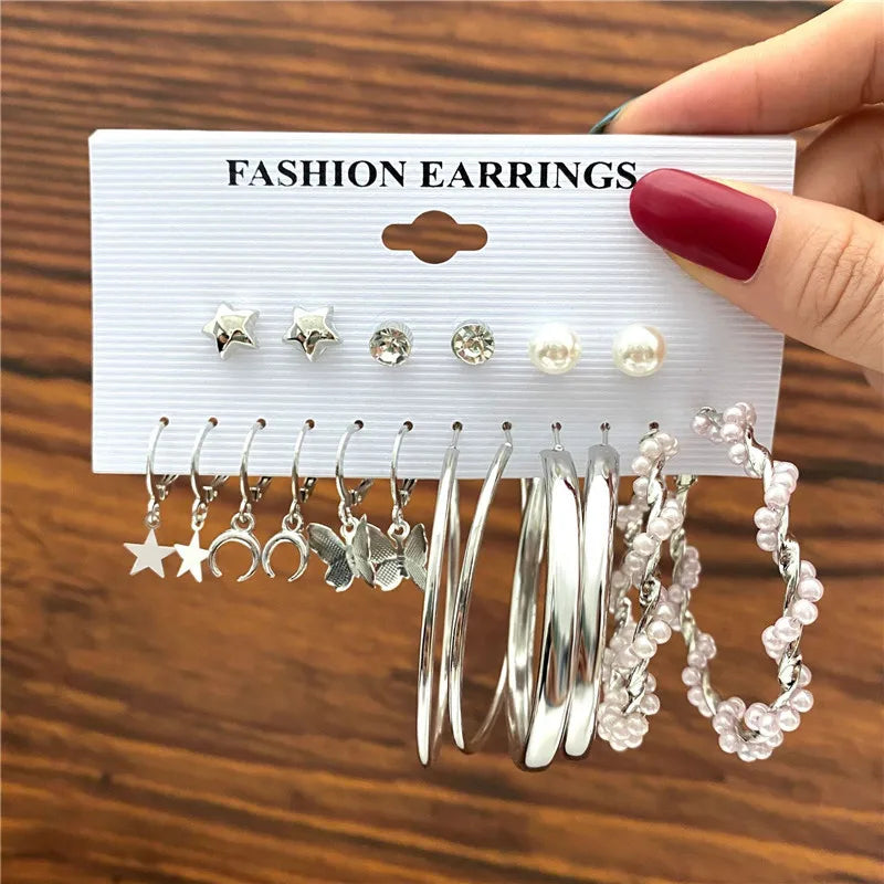 Conjunto de pendientes de aro bohemios de círculo grande para mujer, pendiente de perla Vintage bohemio de Color dorado, pendientes de circonita con forma de corazón, regalos de joyería