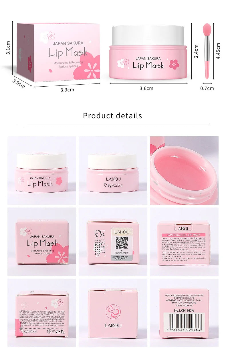 LAIKOU-mascarilla de suero labial de flor de cerezo, reparación de exfoliación de grietas secas, Reduce las líneas finas de los labios, esencia hidratante, cuidado de belleza Sakura, 8g