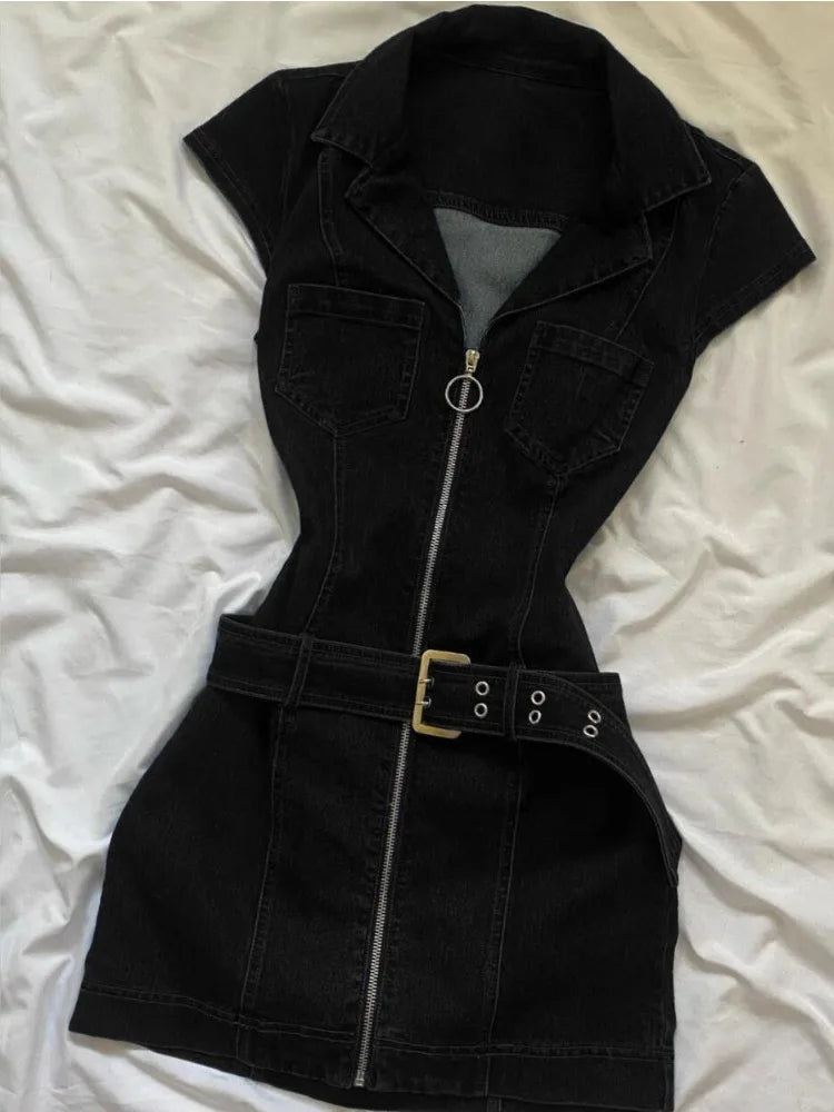 Vestido corto vaquero negro Retro americano para mujer, vestido elegante ajustado de una pieza con cremallera de verano, ropa informal de diseño de moda coreana