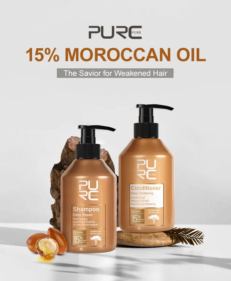 PURC-tratamiento para el cabello dañado, aceite de argán marroquí, aminoácido, queratina, suavizante, champú sin sulfato, acondicionador, juego de cabello para coche