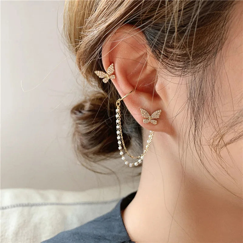 Pendientes de tuerca de mariposa con diamantes de imitación para mujer y niña, joyería de cadena de Metal, regalos
