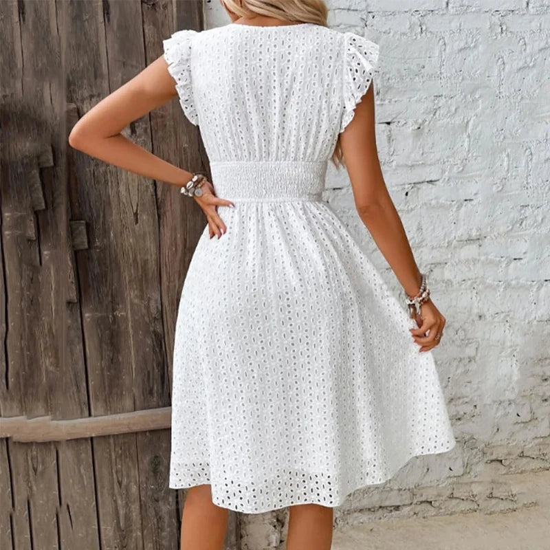 Vestido de playa con cuello en V para mujer, vestido de verano con manga acampanada, Color sólido, cintura de encaje hueca, vestidos informales para vacaciones en la playa