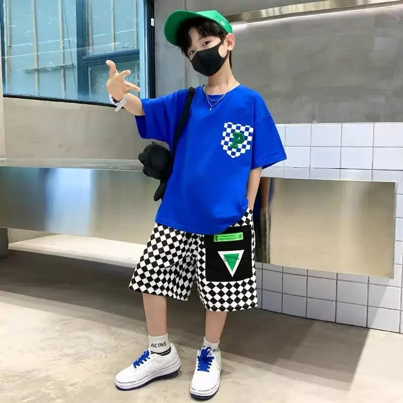 Conjunto de ropa de moda para niños, ropa de verano de manga corta para adolescentes, traje, camiseta con letras, pantalones cortos a cuadros, 2 uds., trajes de ropa de descanso para niños