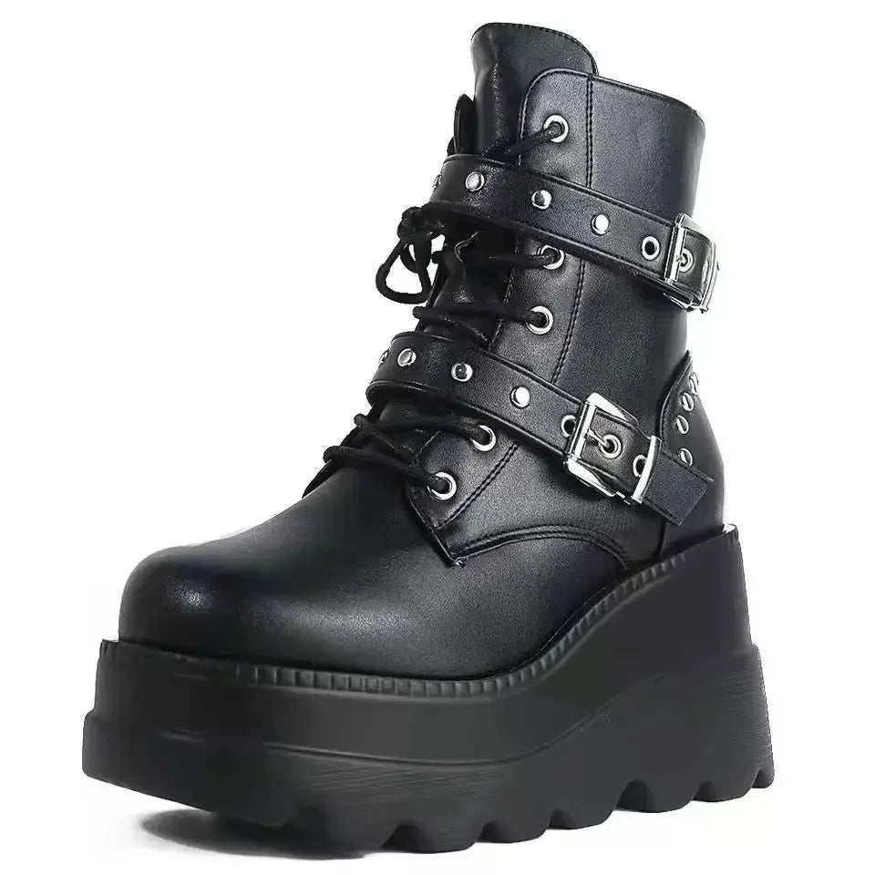 Nuevos botines de cuero Pu para mujer, Otoño Invierno, zapatos con cordones y punta redonda, botas góticas con plataforma para motocicleta para mujer, Cosplay