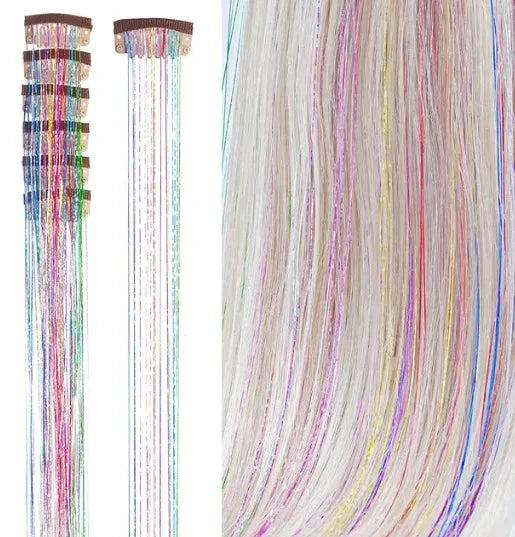 6 uds 50cm chispeantes pelo brillante oropel extensiones de cabello oropel extensiones de Clip de pelo sintético mujeres para tocado trenzado