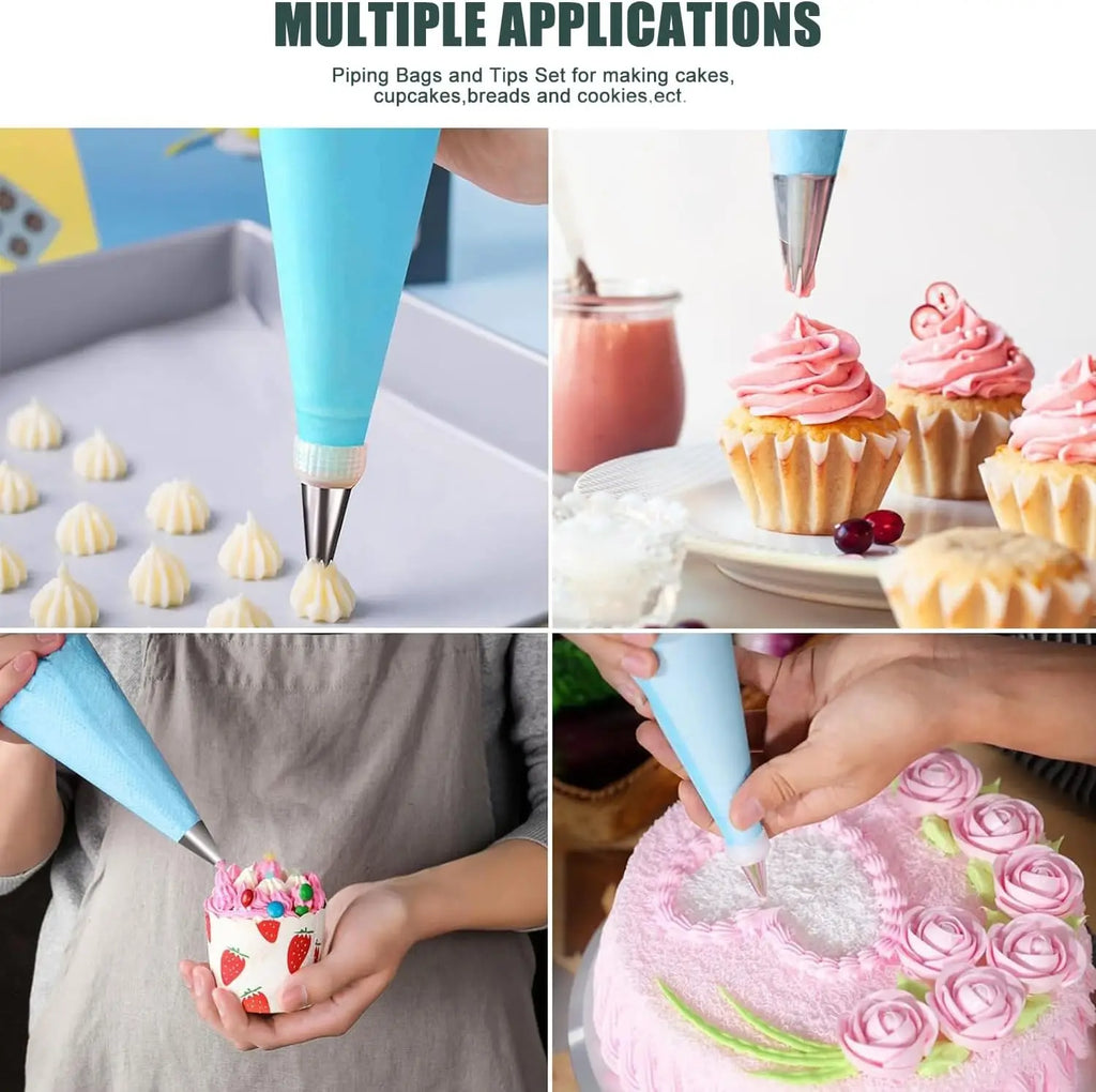 Juego de tuberías reutilizables: 2 bolsas, 12 puntas, acopladores, anillos y raspadores para decoración de pasteles, cupcakes y galletas.