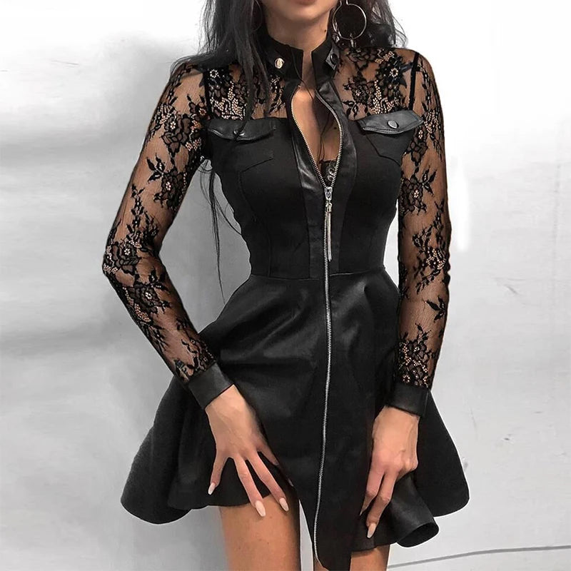 Minivestido Sexy para mujer, Vestidos de fiesta de retazos, manga larga, encaje, bolsillos con cremallera, cuello alto, botones, Delgado