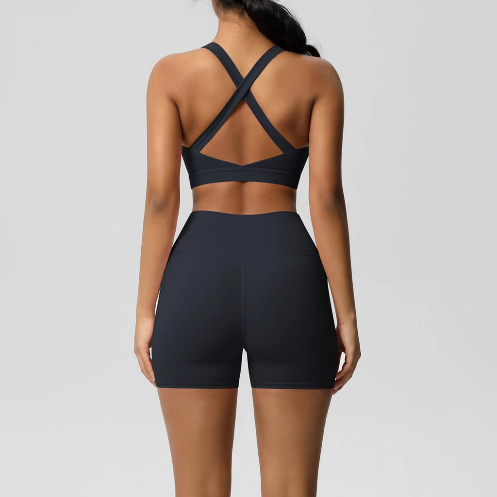 Ropa deportiva con bolsillo para mujer, conjunto de Yoga, ropa de gimnasio, trajes de Yoga para mujer, chándales, pantalones cortos deportivos, sujetador cruzado, mallas de gimnasio, 2 uds.