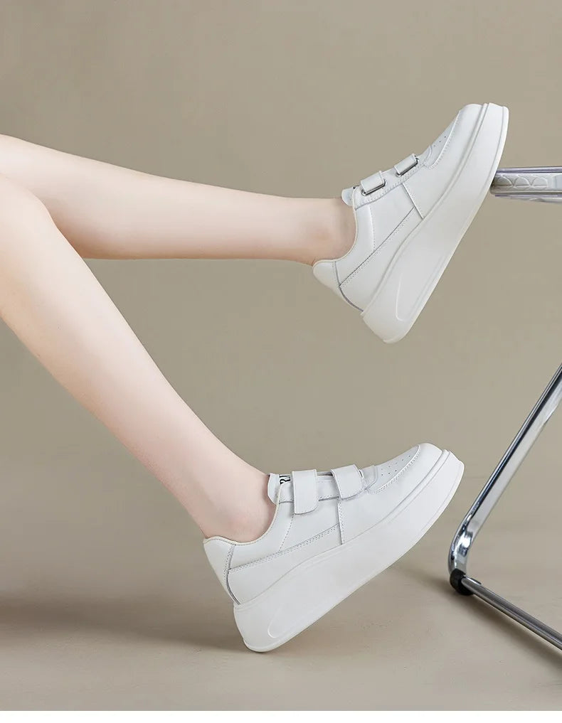 DRKANOL, zapatos de plataforma con suela gruesa y aumento de altura, zapatillas informales de cuero genuino para mujer, zapatos de tabla con gancho y bucle para mujer, color blanco