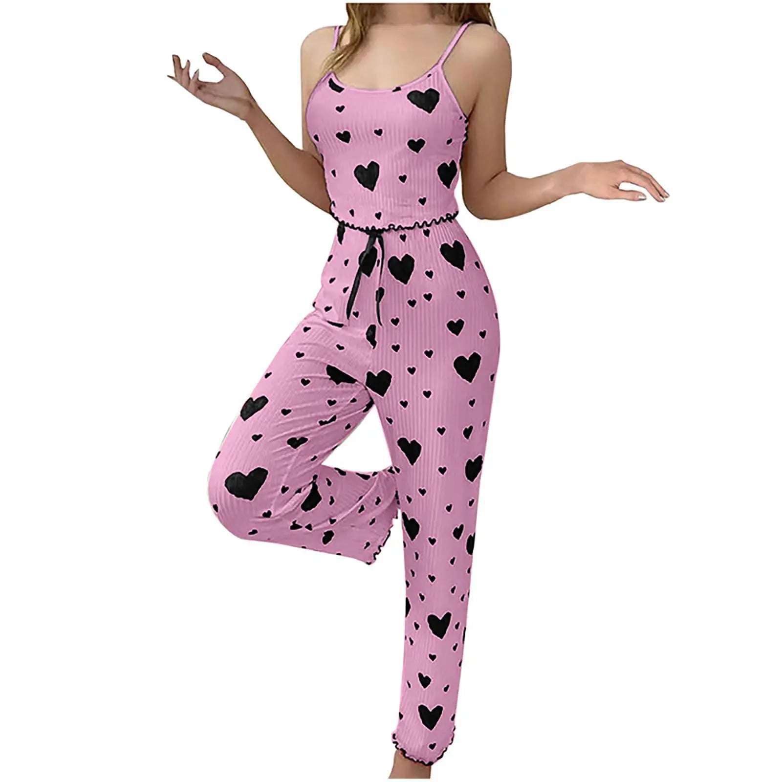 Conjunto de pijamas de talla grande para mujer, chaleco y pantalones sin mangas de 2 piezas, ropa de dormir blanca suave y transpirable, ropa de dormir informal con estampado de corazón rojo