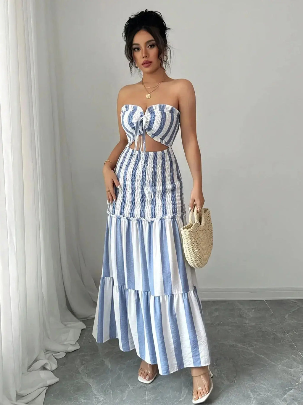 Vestido a Rayas de Moda con Hombros Descubiertos, Falda con Trenzas Delanteras, Elegante Vestido para Damas