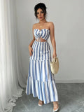 Vestido a Rayas de Moda con Hombros Descubiertos, Falda con Trenzas Delanteras, Elegante Vestido para Damas