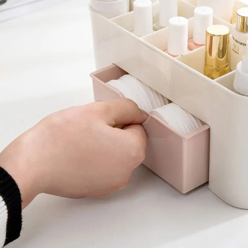 Caja organizadora de maquillaje con cajón, hisopo de algodón, estuche de almacenamiento para lápiz labial, soporte para brochas, plástico Acrílico