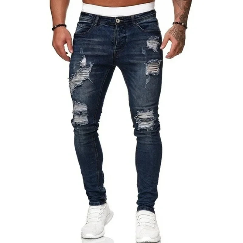 Pantalones vaqueros ajustados rasgados de estilo callejero a la moda para hombre, pantalones vaqueros lisos con lavado Vintage, pantalones vaqueros ajustados informales para hombre, gran oferta