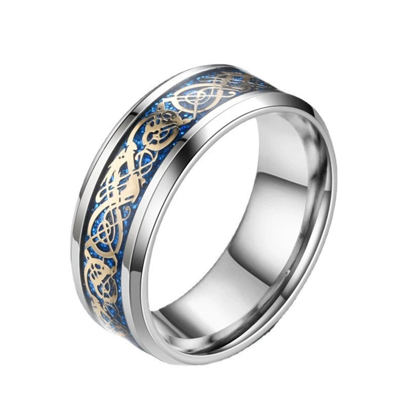 Anillos con diseño de dragón dominante de acero inoxidable de 8mm para hombres y mujeres, anillo Punk con incrustaciones de fibra de carbono azul, bagues pour femme