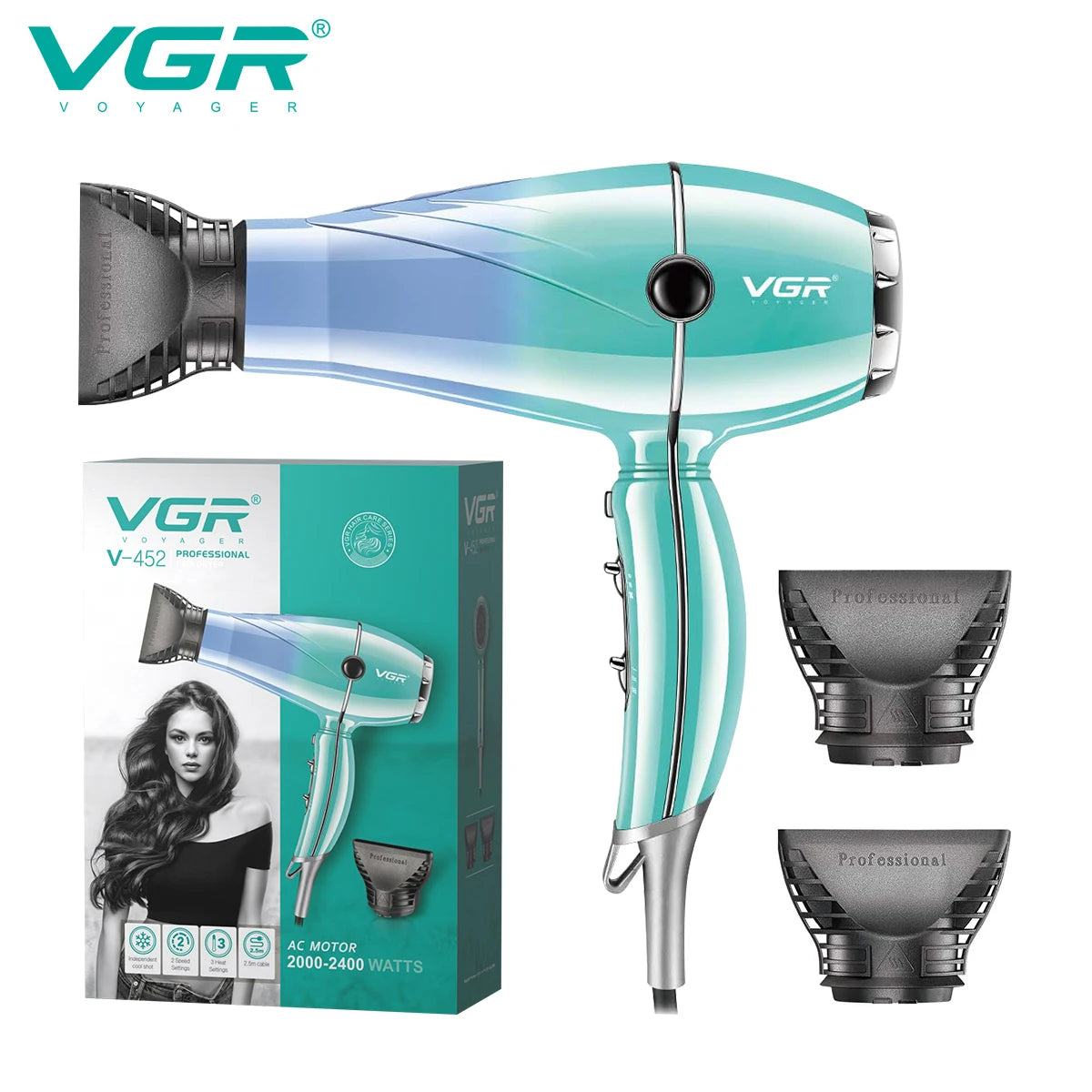 VGRV-452 secador de pelo profesional para el cuidado del cabello 2000-2400W súper fuerte energía eólica dormitorio hogar iones negativos cuidado del cabello estilo viento